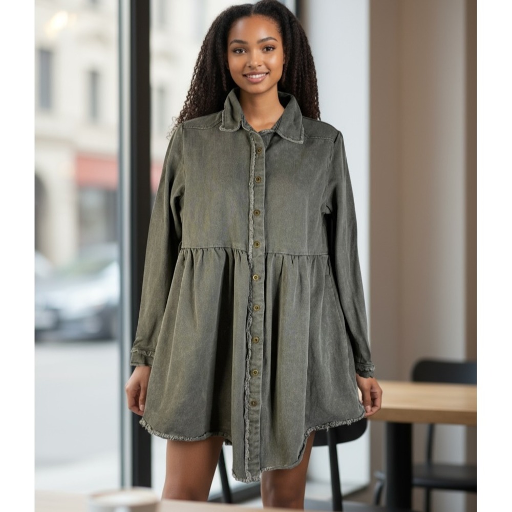 So Me Demin Green Mineral Washed Shirt Mini Button Long‎ Sleeve Raw Edges Size S